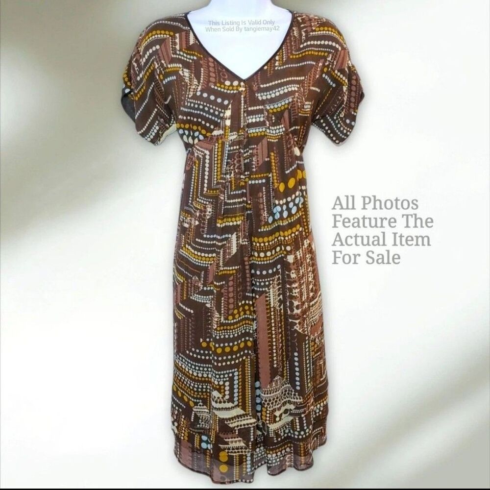 j.jill 100% Silk Dress Womens 8P Petites Medium Brown Midi Short Sleeve